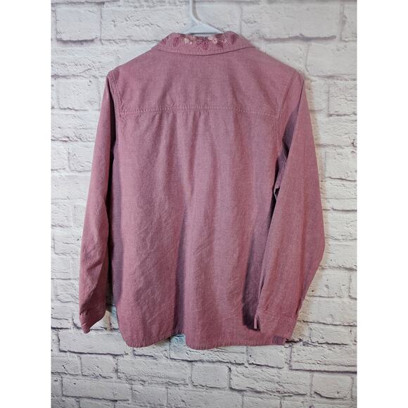 Blair Women's Button Front Shirt Dusty Rose Embroidered Collar Pocket Med - Picture 7 of 9